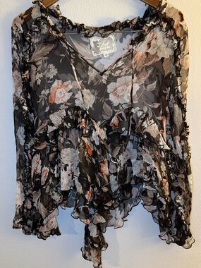 Johnny Was Sheer Black Floral Ruffled Blouse